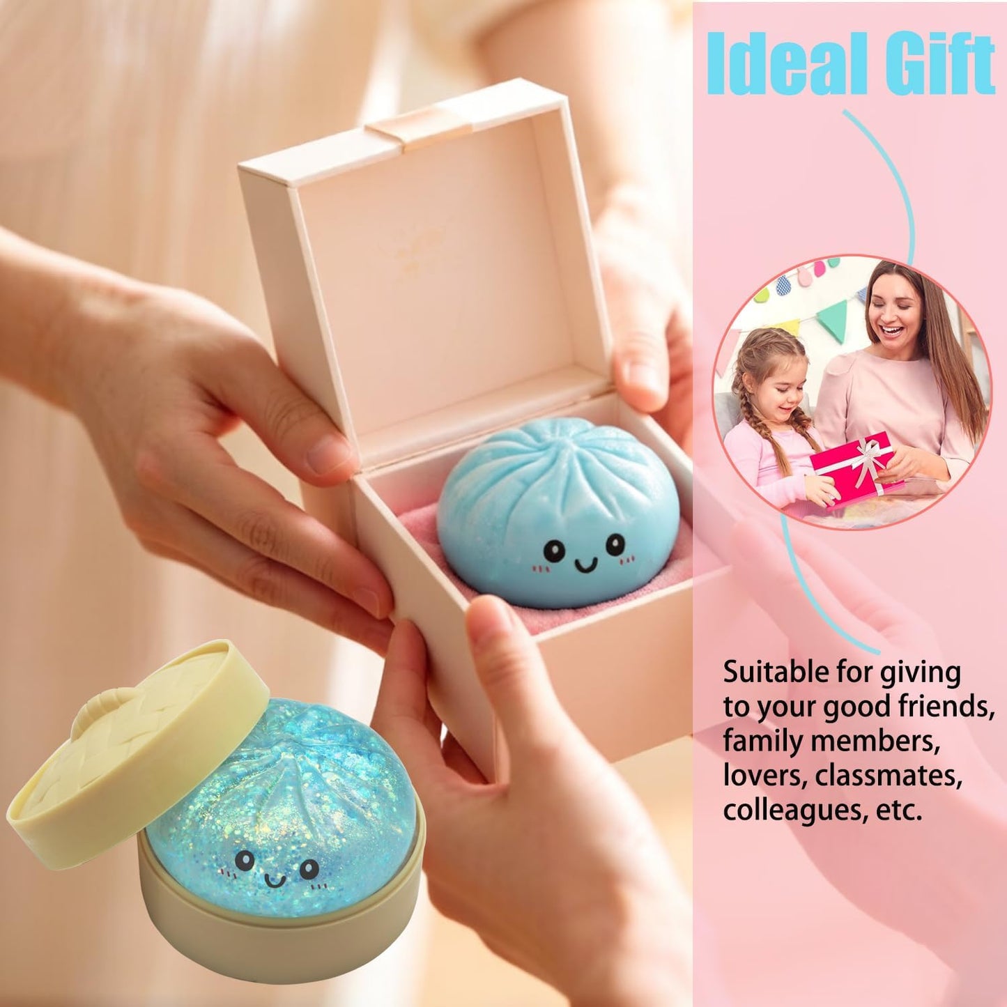 Dumpling Toys Squishies, Slow Rising Jumbo Squishy Toys Dumpling with Steamer Box for Stress Relief, Mystery Fidget Sensory Toys (Blue)