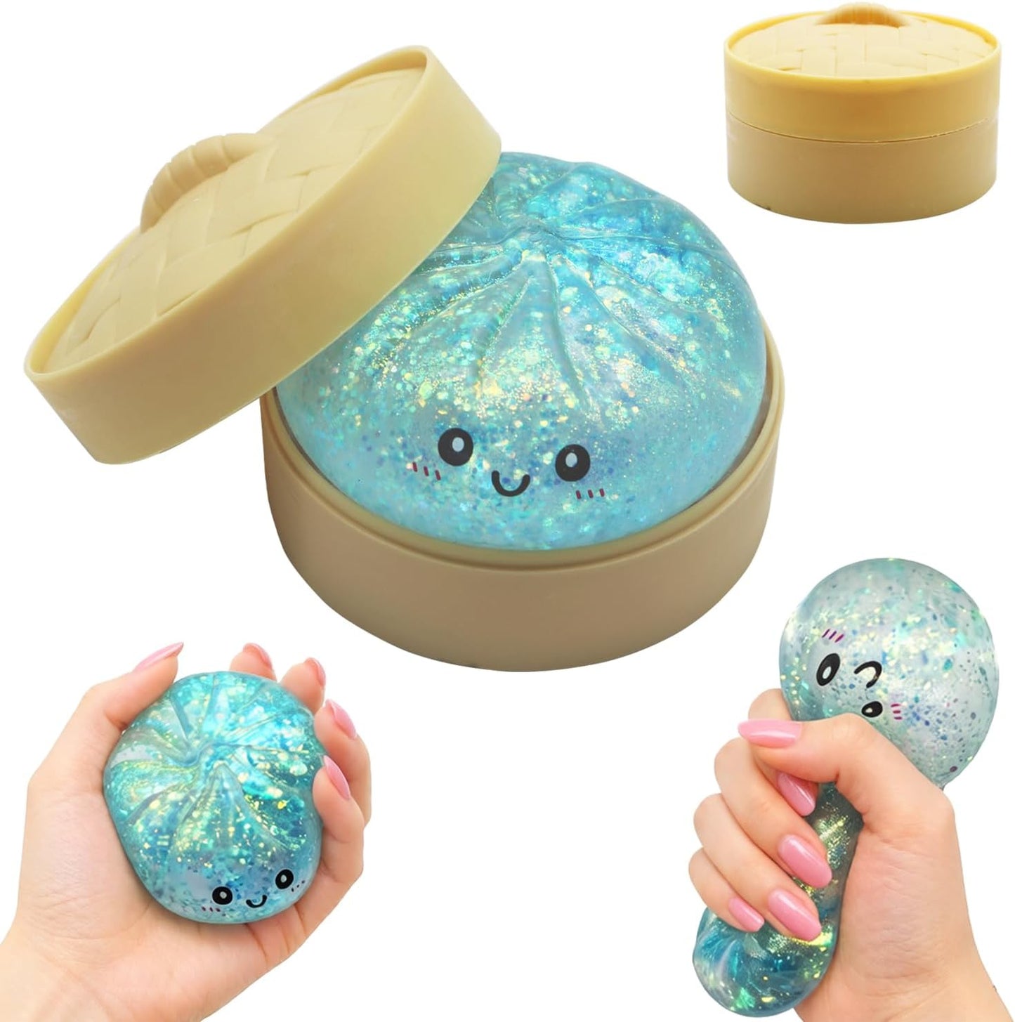 Dumpling Toys Squishies, Slow Rising Jumbo Squishy Toys Dumpling with Steamer Box for Stress Relief, Mystery Fidget Sensory Toys (Blue)