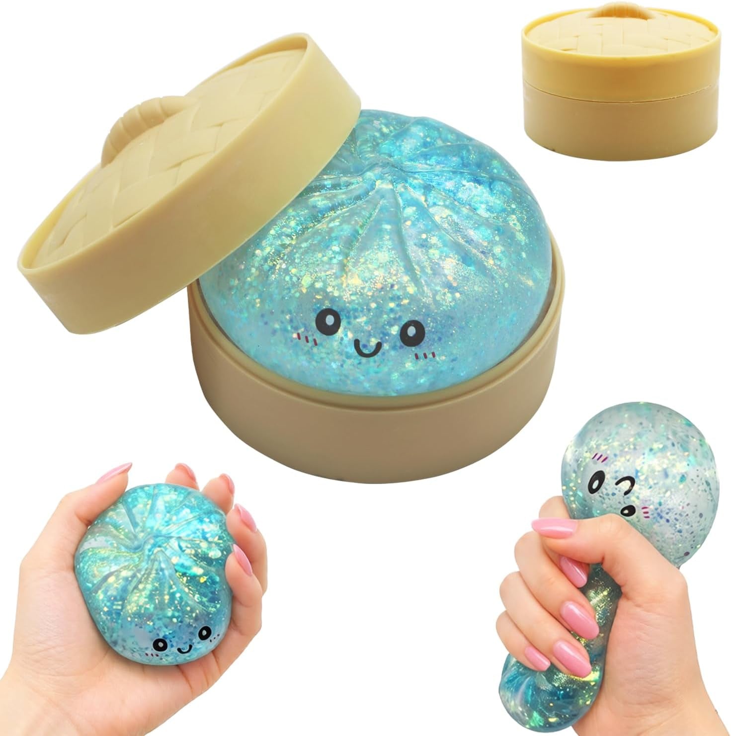 Dumpling Toys Squishies, Slow Rising Jumbo Squishy Toys Dumpling with Steamer Box for Stress Relief, Mystery Fidget Sensory Toys (Blue)