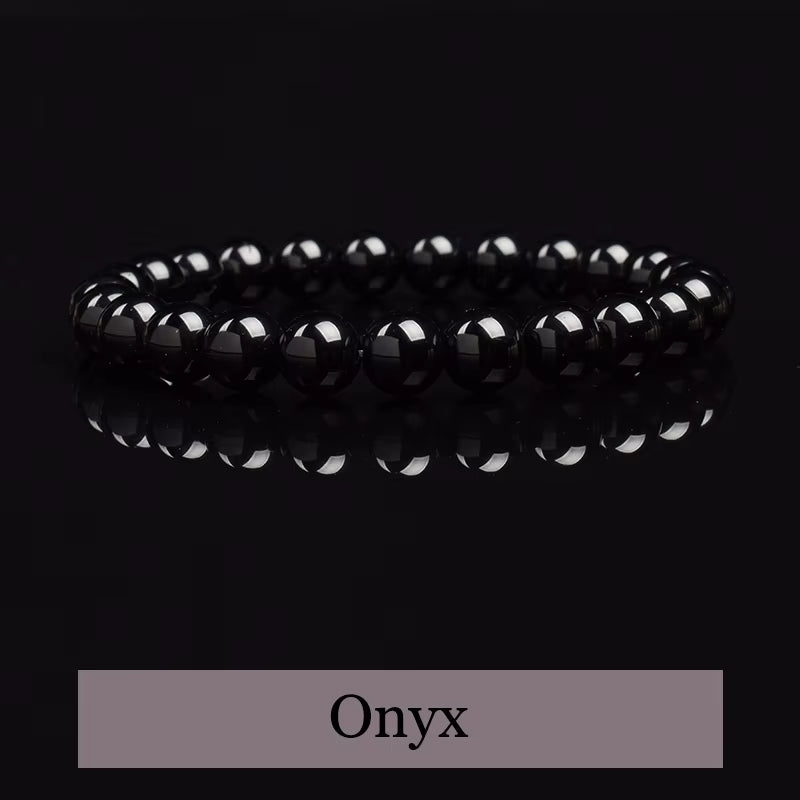 Natural Black Agates Beads Bracelet Women Men Genuine Black Onyx Natural Stone 6Mm 8Mm Smooth round Beads Lucky Energy Jewelry