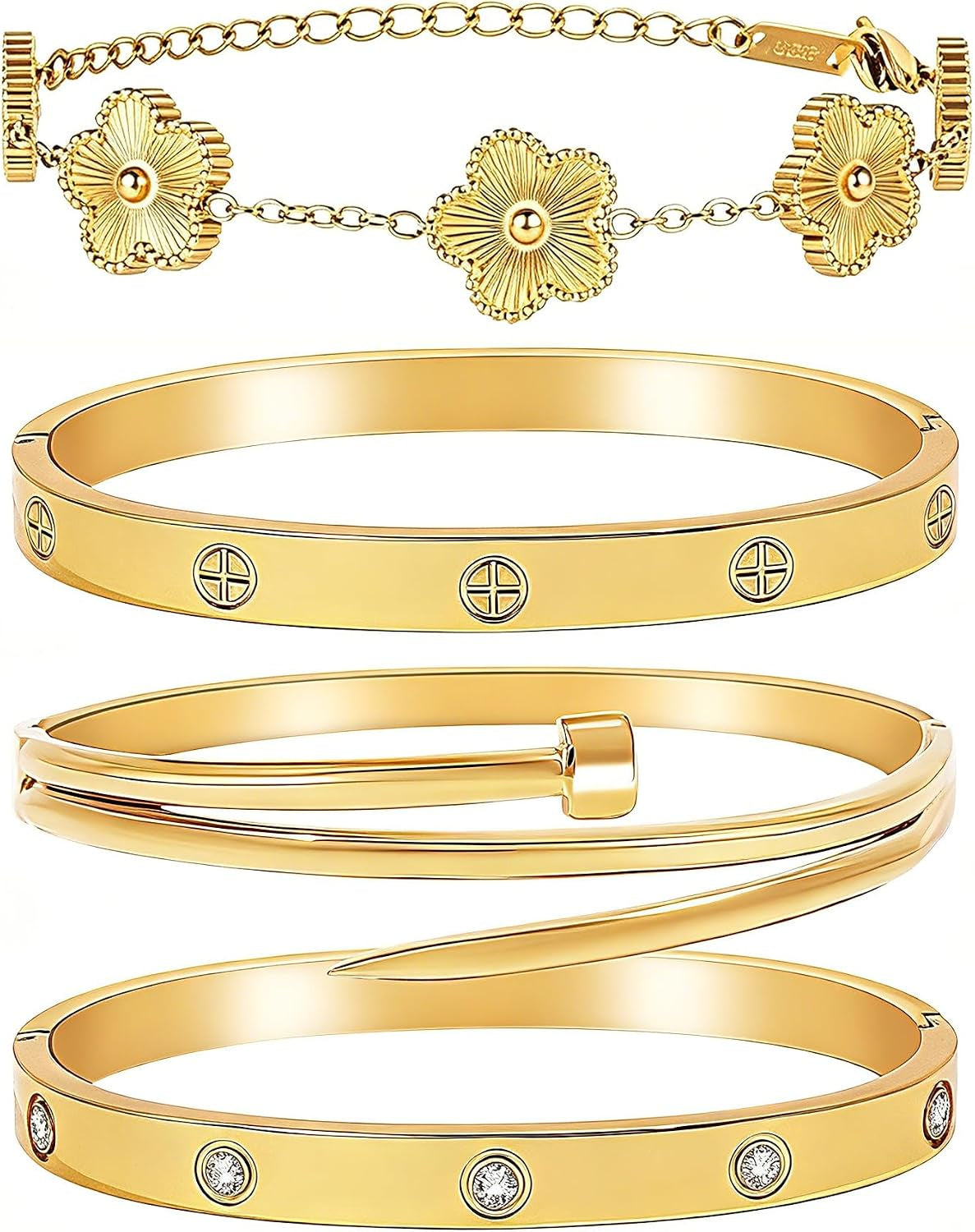 Stackable Gold Bracelets for Women - 4 Sets, 18K Gold Plated Bracelets, Stainless Steel Bangle Bracelets Non-Tarnish, Stylish Gold Jewelry Ensemble, Valentine'S Day, Birthday and Christmas Jewelry Gifts