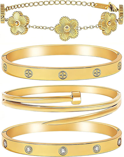 Stackable Gold Bracelets for Women - 4 Sets, 18K Gold Plated Bracelets, Stainless Steel Bangle Bracelets Non-Tarnish, Stylish Gold Jewelry Ensemble, Valentine'S Day, Birthday and Christmas Jewelry Gifts