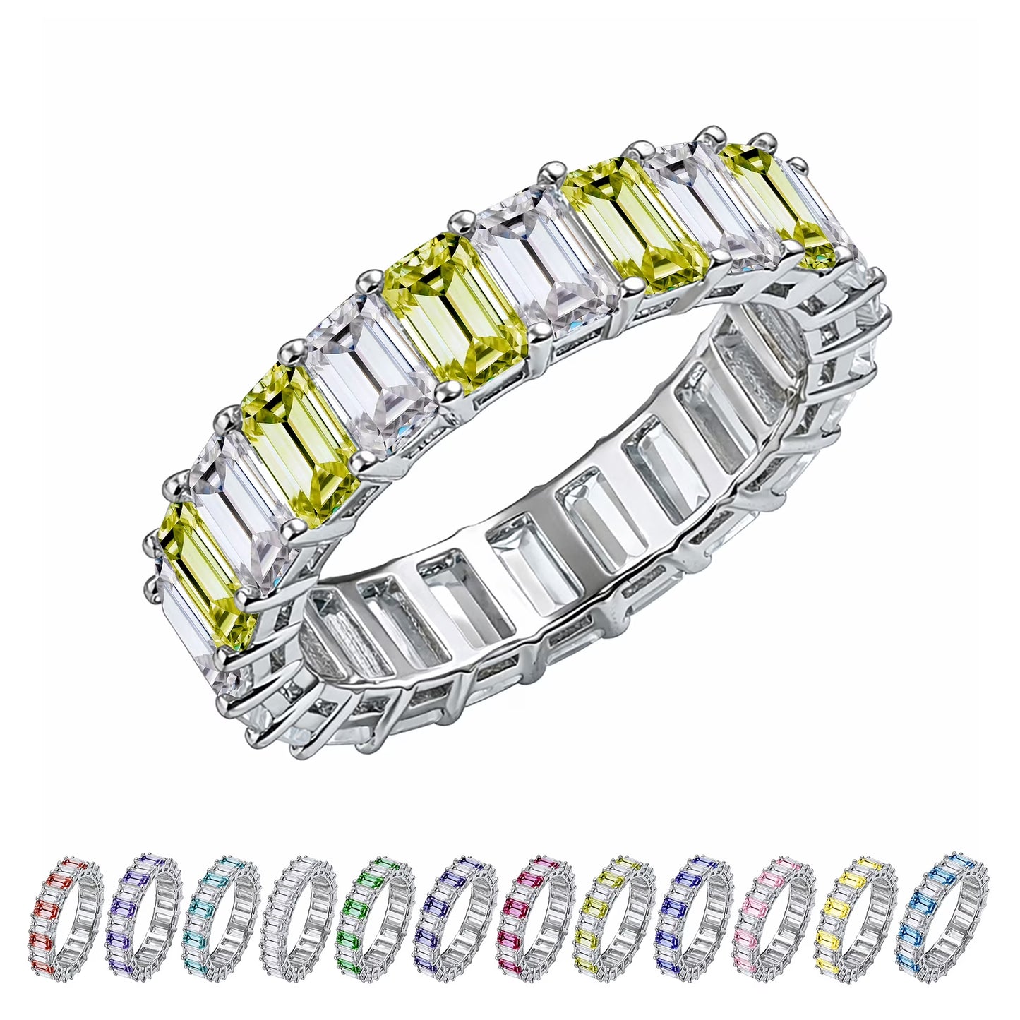 10 Carat Emerald Cut August Birthstone - Multicolor Eternity Wedding Ring - Peridot & Cubic Zirconia Birthstone Rings for Women in 18K White Gold Plating, Gift for Her