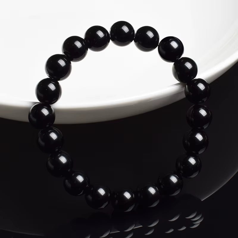 Natural Black Agates Beads Bracelet Women Men Genuine Black Onyx Natural Stone 6Mm 8Mm Smooth round Beads Lucky Energy Jewelry