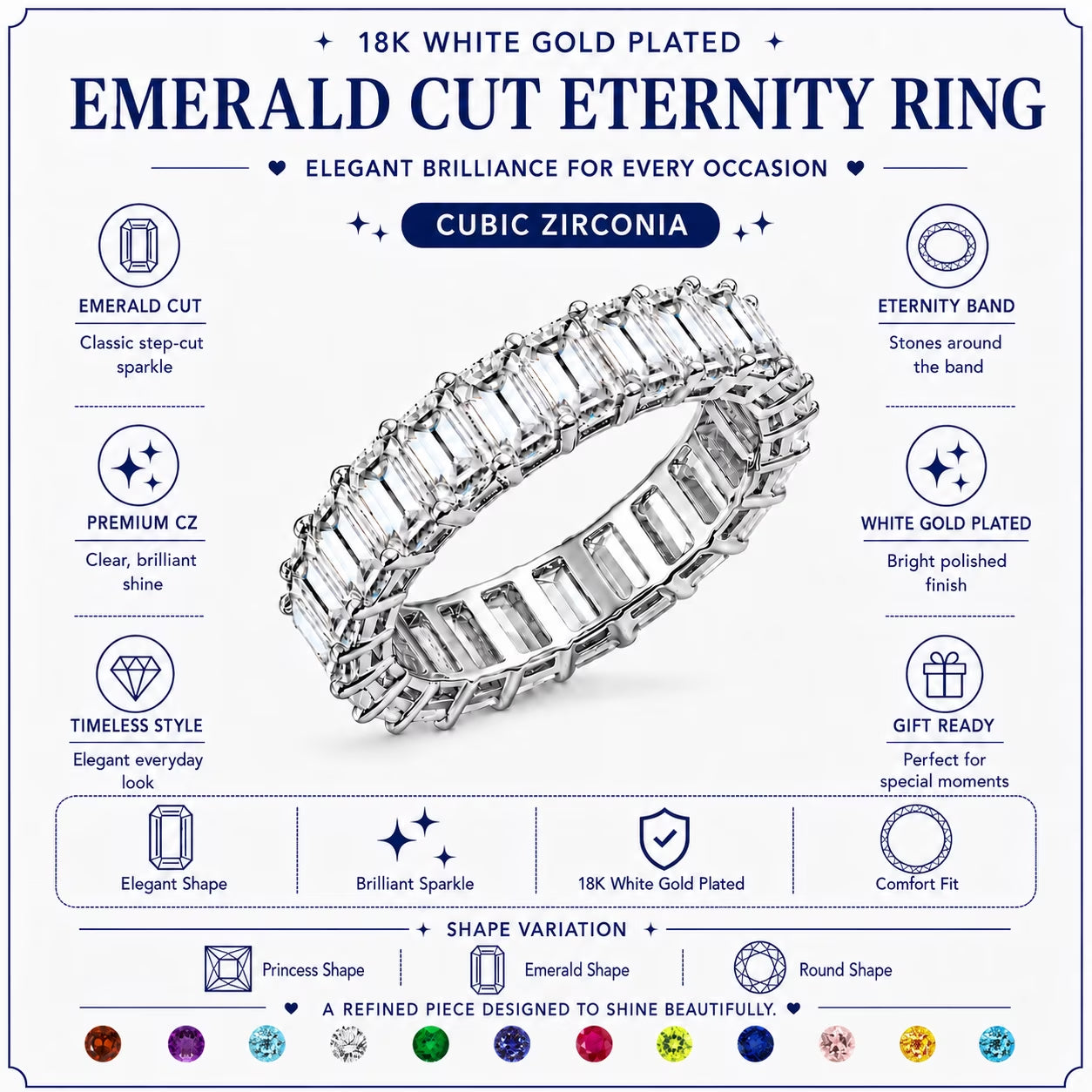 10 Carat Emerald Cut August Birthstone - Multicolor Eternity Wedding Ring - Peridot & Cubic Zirconia Birthstone Rings for Women in 18K White Gold Plating, Gift for Her