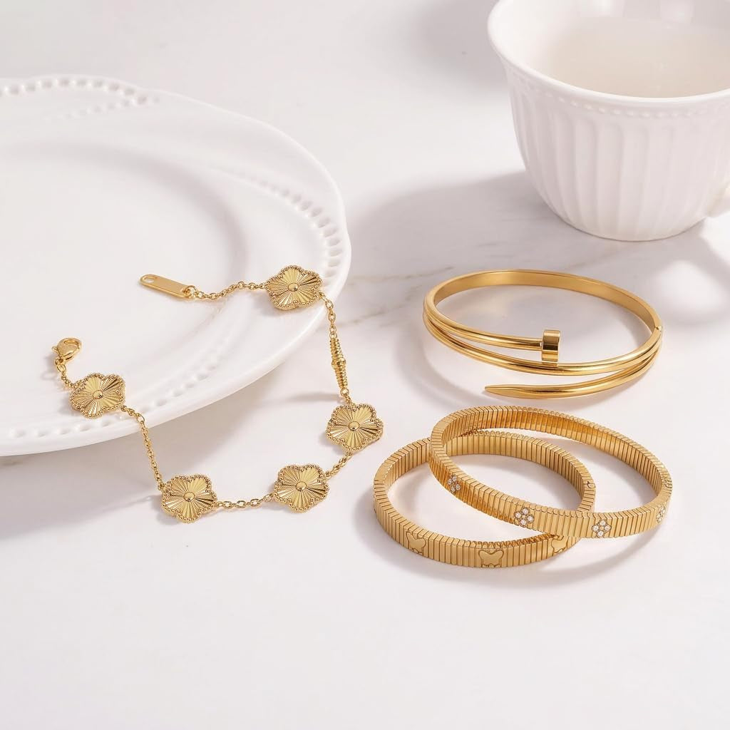 Stackable Gold Bracelets for Women - 4 Sets, 18K Gold Plated Bracelets, Stainless Steel Bangle Bracelets Non-Tarnish, Stylish Gold Jewelry Ensemble, Valentine'S Day, Birthday and Christmas Jewelry Gifts