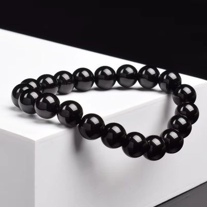 Natural Black Agates Beads Bracelet Women Men Genuine Black Onyx Natural Stone 6Mm 8Mm Smooth round Beads Lucky Energy Jewelry
