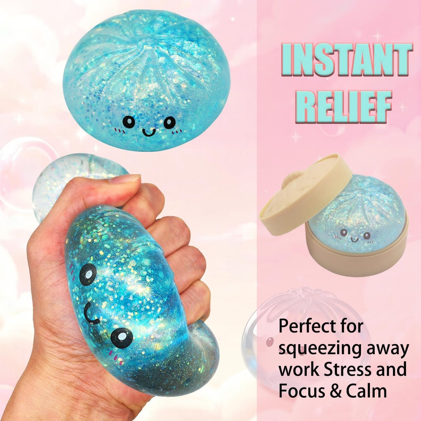 Dumpling Toys Squishies, Slow Rising Jumbo Squishy Toys Dumpling with Steamer Box for Stress Relief, Mystery Fidget Sensory Toys (Blue)