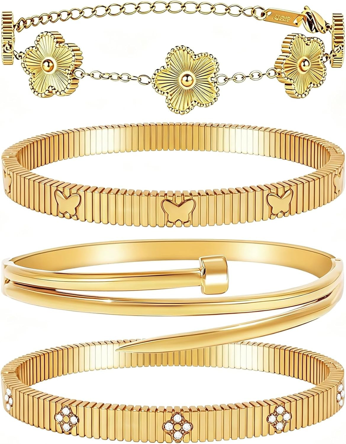 Stackable Gold Bracelets for Women - 4 Sets, 18K Gold Plated Bracelets, Stainless Steel Bangle Bracelets Non-Tarnish, Stylish Gold Jewelry Ensemble, Valentine'S Day, Birthday and Christmas Jewelry Gifts