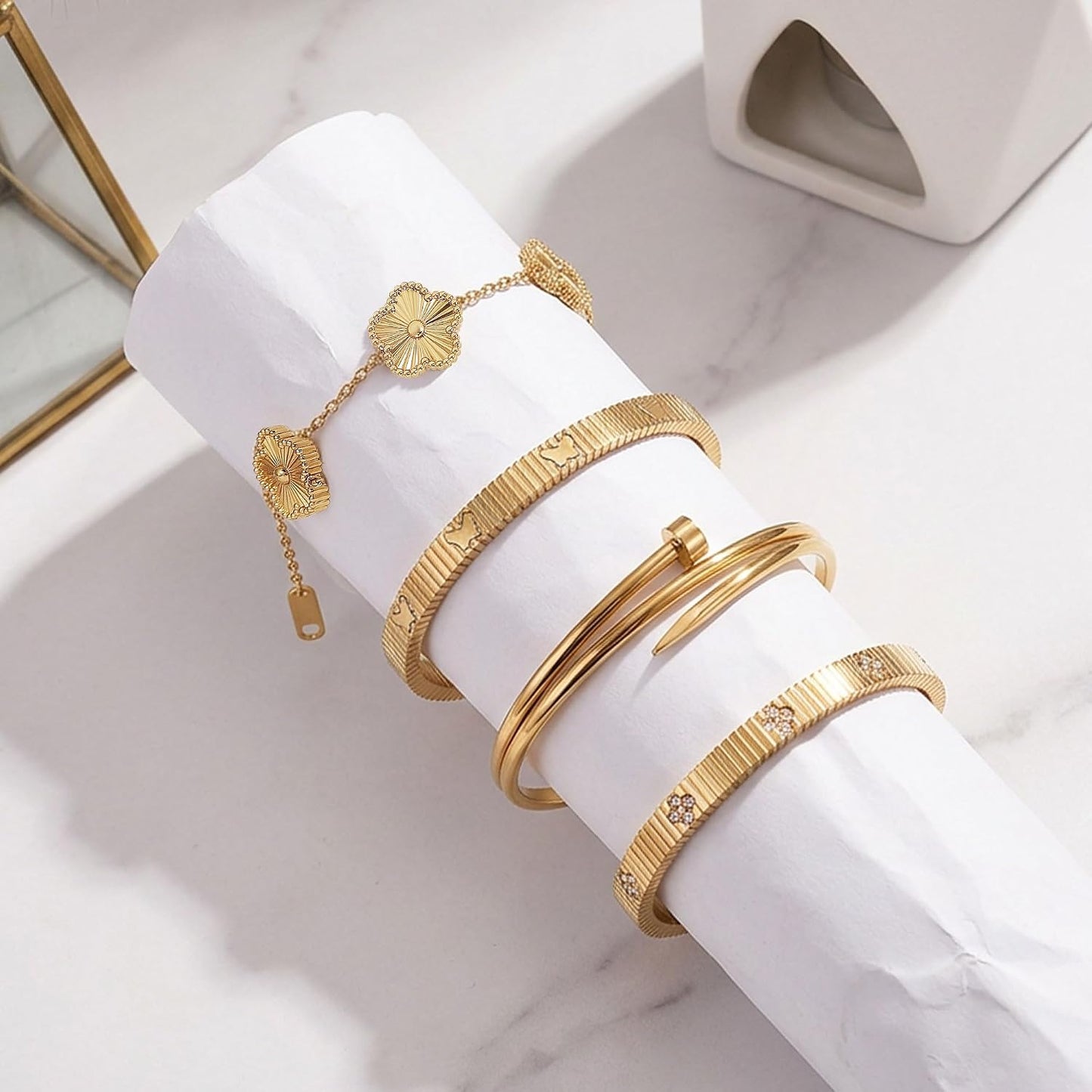 Stackable Gold Bracelets for Women - 4 Sets, 18K Gold Plated Bracelets, Stainless Steel Bangle Bracelets Non-Tarnish, Stylish Gold Jewelry Ensemble, Valentine'S Day, Birthday and Christmas Jewelry Gifts