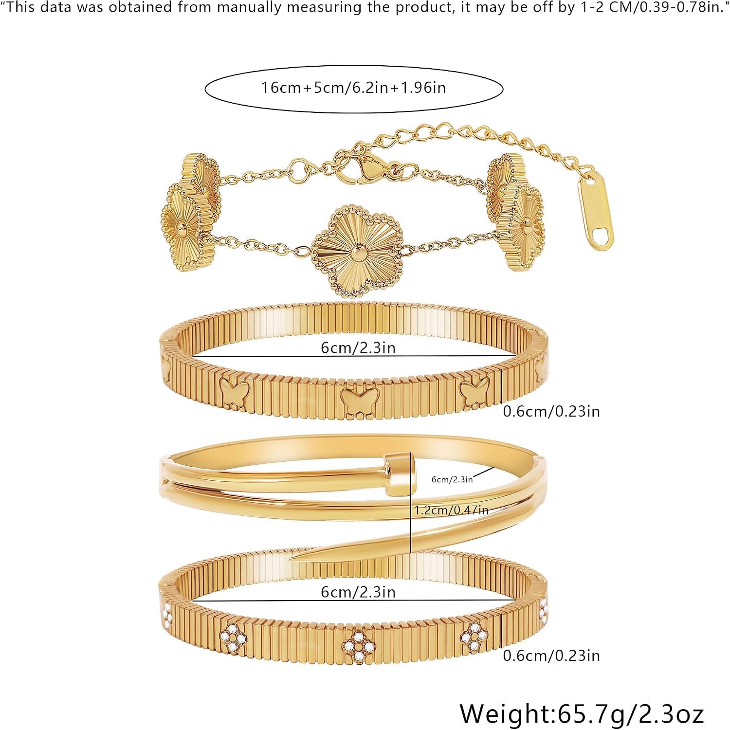 Stackable Gold Bracelets for Women - 4 Sets, 18K Gold Plated Bracelets, Stainless Steel Bangle Bracelets Non-Tarnish, Stylish Gold Jewelry Ensemble, Valentine'S Day, Birthday and Christmas Jewelry Gifts