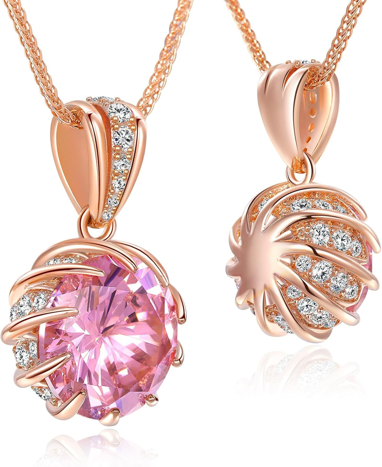 Ceakiev 6.0 Carat (12Mm) round Cubic Zirconia Pendant Necklace, 41 Diamond-Cut Accents, 18K Gold Plated Rose Gold, Adjustable 18"+2", Women’S Jewelry