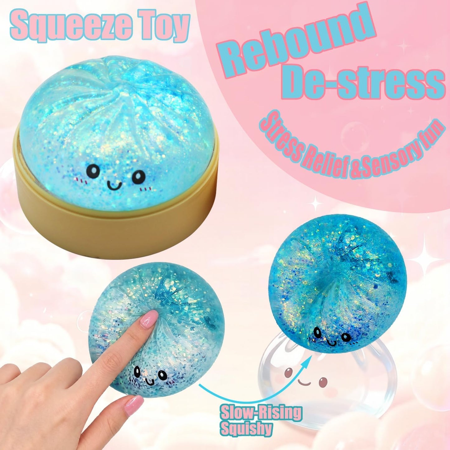 Dumpling Toys Squishies, Slow Rising Jumbo Squishy Toys Dumpling with Steamer Box for Stress Relief, Mystery Fidget Sensory Toys (Blue)