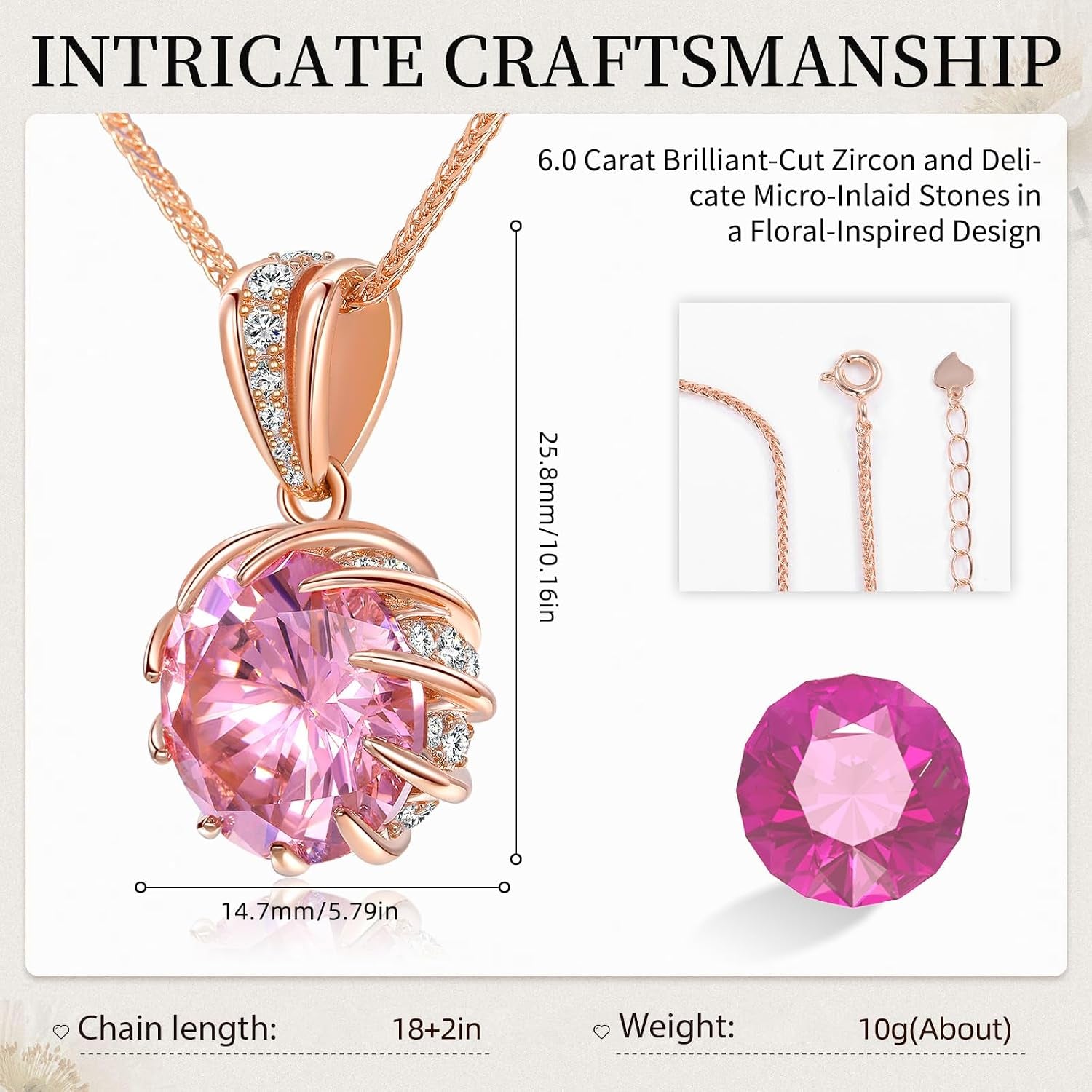 Ceakiev 6.0 Carat (12Mm) round Cubic Zirconia Pendant Necklace, 41 Diamond-Cut Accents, 18K Gold Plated Rose Gold, Adjustable 18"+2", Women’S Jewelry