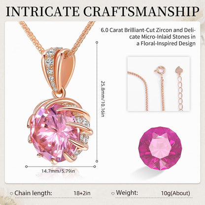 Ceakiev 6.0 Carat (12Mm) round Cubic Zirconia Pendant Necklace, 41 Diamond-Cut Accents, 18K Gold Plated Rose Gold, Adjustable 18"+2", Women’S Jewelry