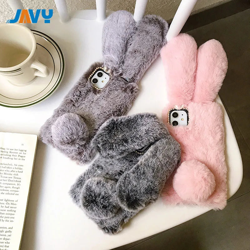 Plush Rabbit Cute Warm Phone Case Fur Cover for Iphone 17 Pro Max 16 16E 15 14 13 12 11 X XR XS 13 Mini Furry Fluffy Cover