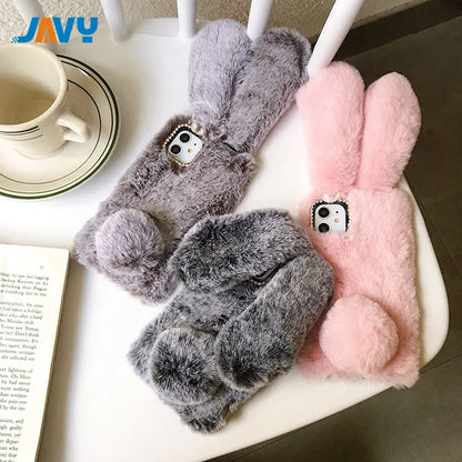 Plush Rabbit Cute Warm Phone Case Fur Cover for Iphone 17 Pro Max 16 16E 15 14 13 12 11 X XR XS 13 Mini Furry Fluffy Cover
