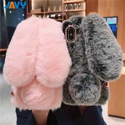 Plush Rabbit Cute Warm Phone Case Fur Cover for Iphone 17 Pro Max 16 16E 15 14 13 12 11 X XR XS 13 Mini Furry Fluffy Cover