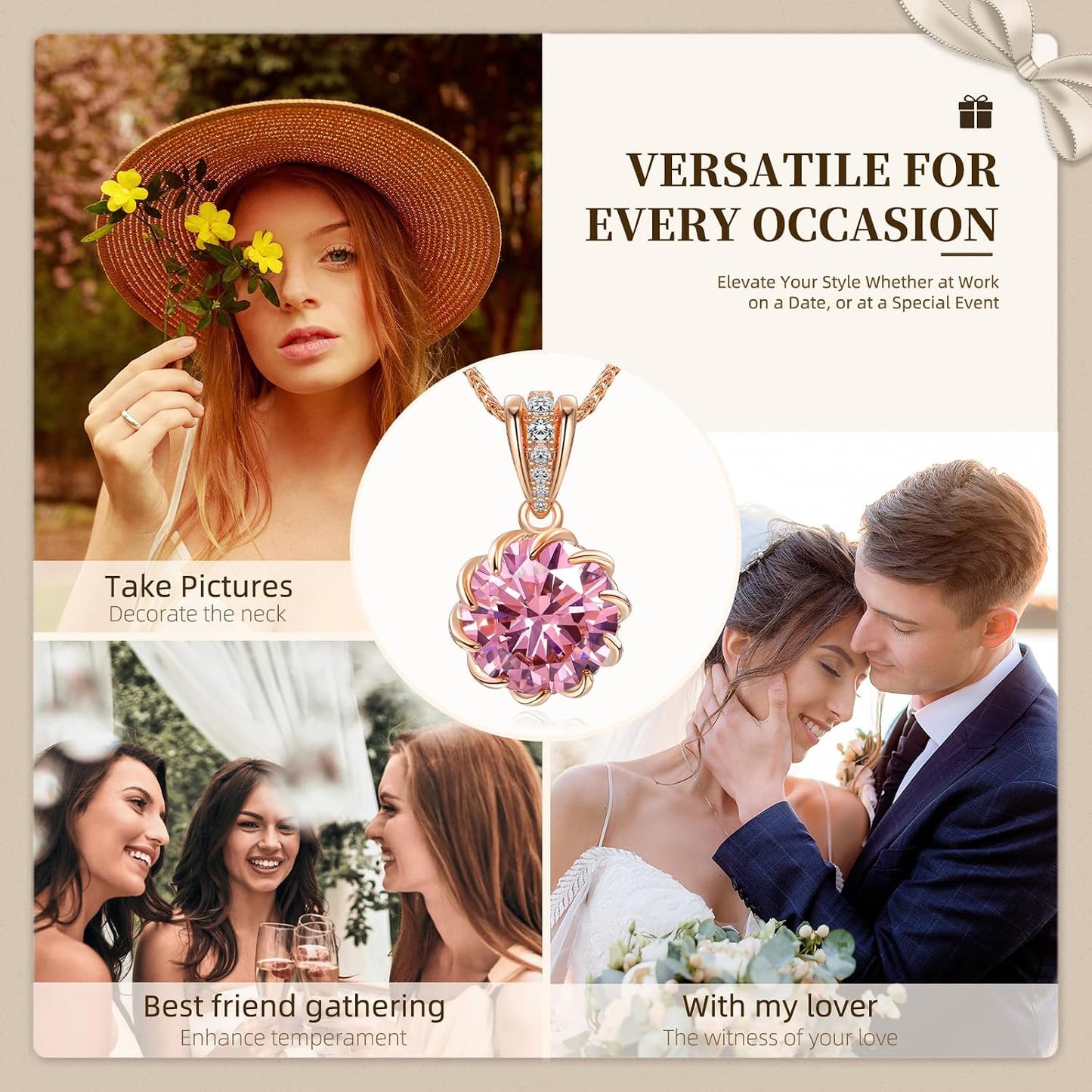 Ceakiev 6.0 Carat (12Mm) round Cubic Zirconia Pendant Necklace, 41 Diamond-Cut Accents, 18K Gold Plated Rose Gold, Adjustable 18"+2", Women’S Jewelry