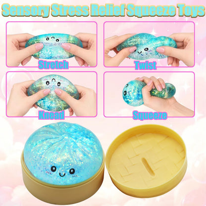 Dumpling Toys Squishies, Slow Rising Jumbo Squishy Toys Dumpling with Steamer Box for Stress Relief, Mystery Fidget Sensory Toys (Blue)